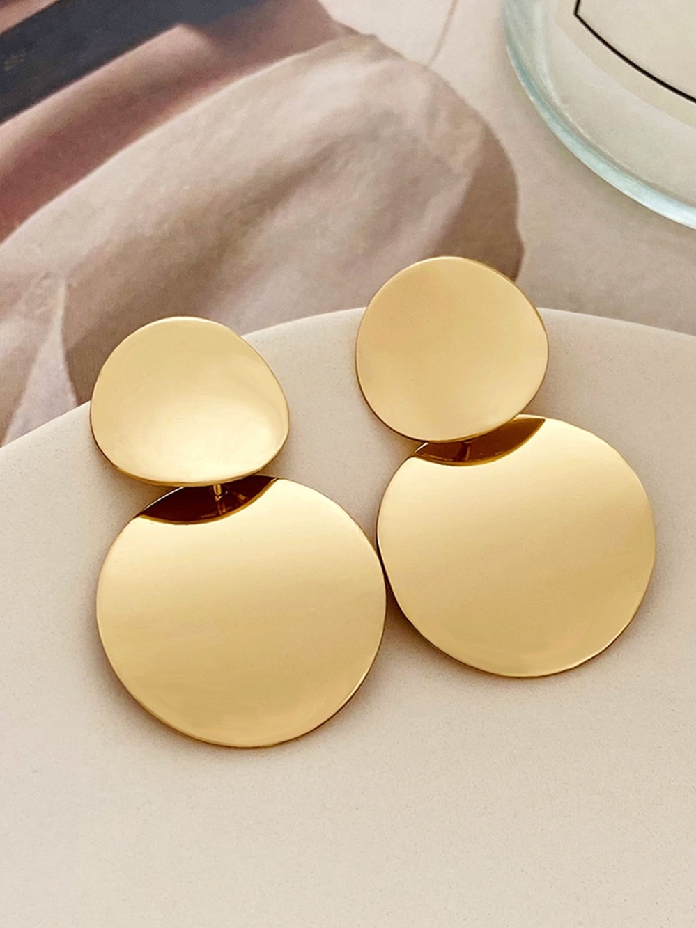 Gold Double Disc Drop Earrings - Elegant Women Jewelry
